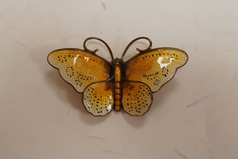 A mixed collection of silver, jewellery and other items including a Norwegian sterling and enamel butterfly brooch, width 61mm, a set of late Victorian shell salts, 925 pendants and rings, brooches, mother of pearl card